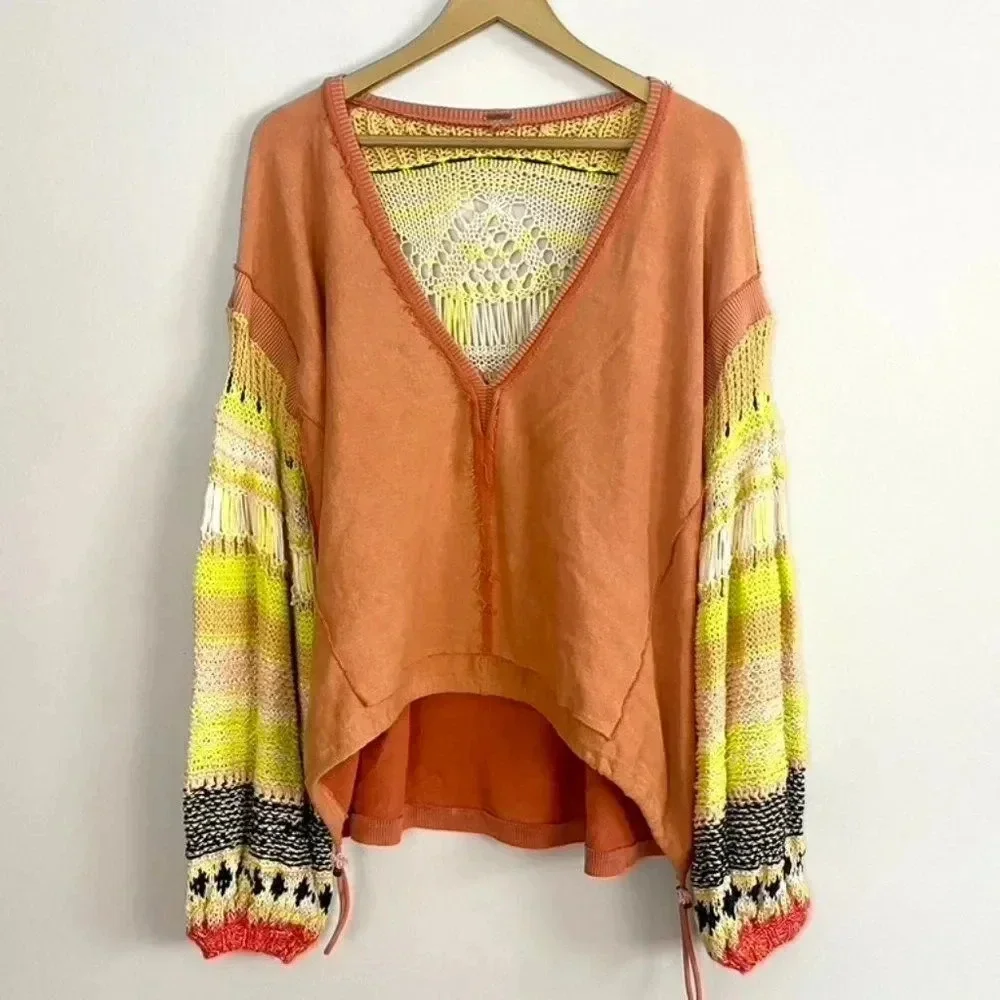 Free People Oversized Crochet Sleeves Sweater